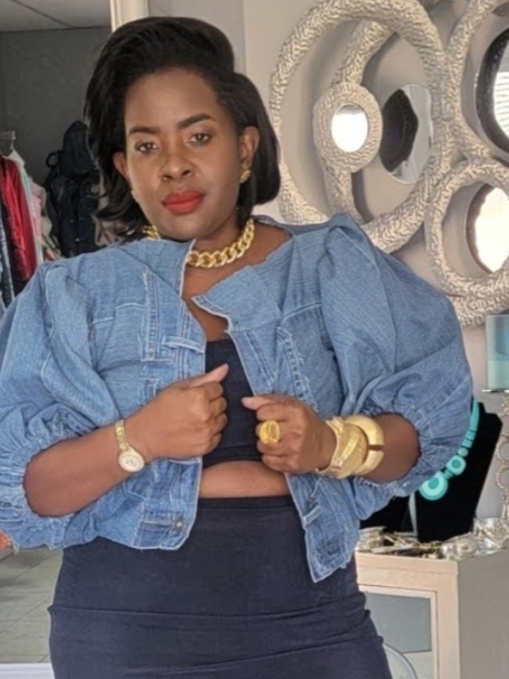Custom Denim Puff-Sleeve Cropped Jacket - Denim Jacket Blue
